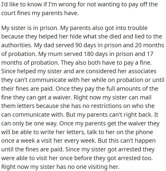 The OP is questioning whether she should cover her parents' court fines because her parents faced legal trouble due to assisting her imprisoned sister.