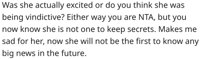 She now knows that her mother-in-law can't keep secrets.