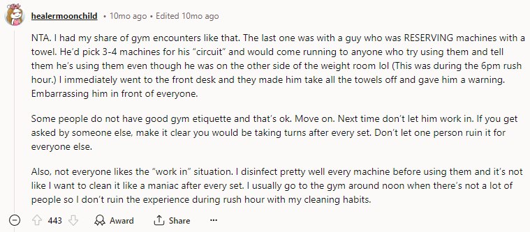 NTA. I have had my share of gym encounters like that.