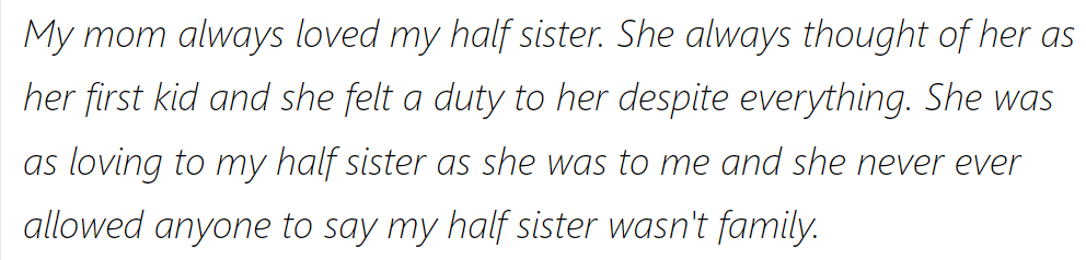 Despite challenges, Mom cherished her as her first child, showing unwavering love and always defending her as family.