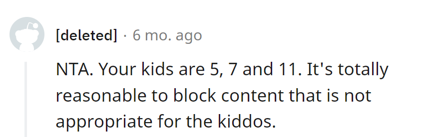 Kids are 5, 7, and 11, not the target audience for adult content. Blocking is parenting, not censorship.