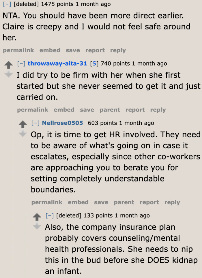 This woman is being creepy. The OP needs to take steps to protect her baby.