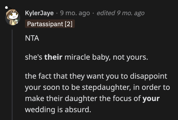 The baby won't even remember OP's wedding. Her stepdaughter would, especially if OP breaks her promise.