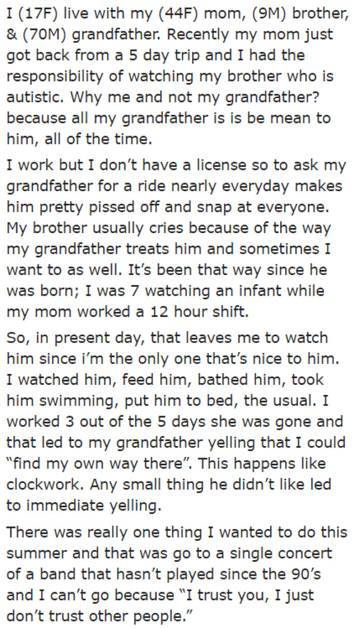 According to the OP, She Lives with Her Mom, Brother, and Grandfather.