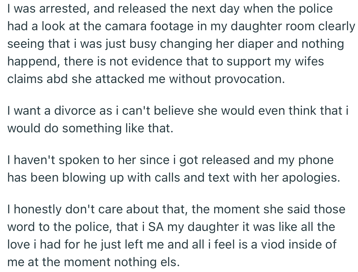 OP Was Arrested and Released the Next Day After the Police Discovered He Was Innocent. Now He Wants a Divorce