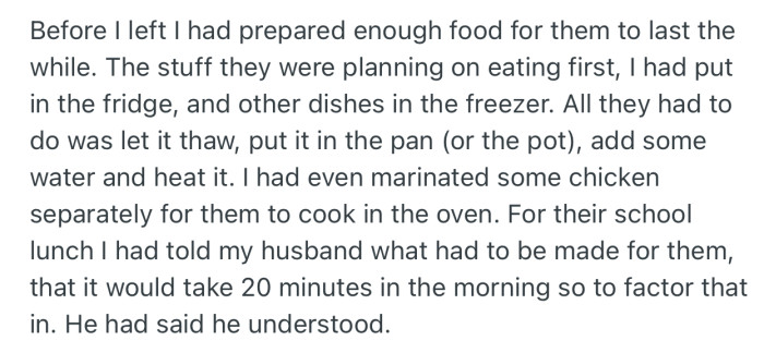 Before OP left for her niece’s wedding, she had prepared and stored what her kids and husband would eat. All he needed to do was thaw and heat