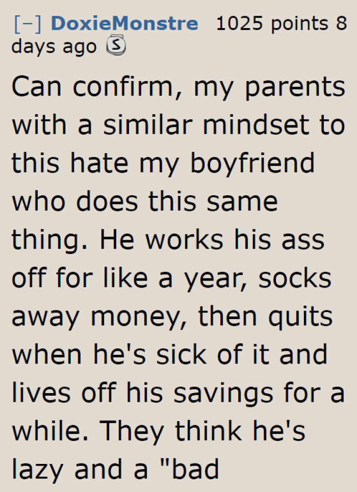 According to this Redditor, her parents and the original poster's mindset are the same.