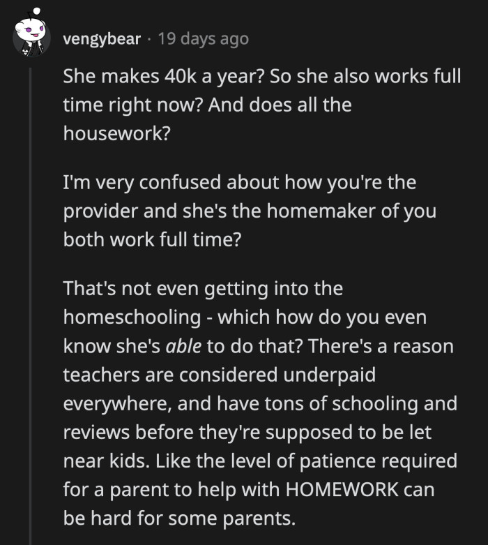 This actually makes sense, if they both work full-time, wouldn't it make more sense if they split the chores evenly?