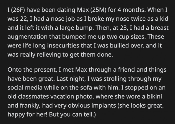 Max asked OP what he meant, and she said she had cosmetic procedures done before