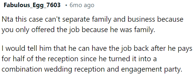 The brother should split the reception costs because he turned it into an engagement celebration.