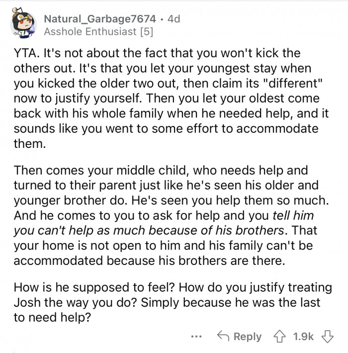 OP wouldn't even consider kicking the others out but refuses to help his son.