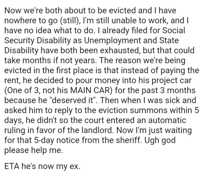 OP already filed for Social Security Disability as Unemployment and State Disability have both been exhausted