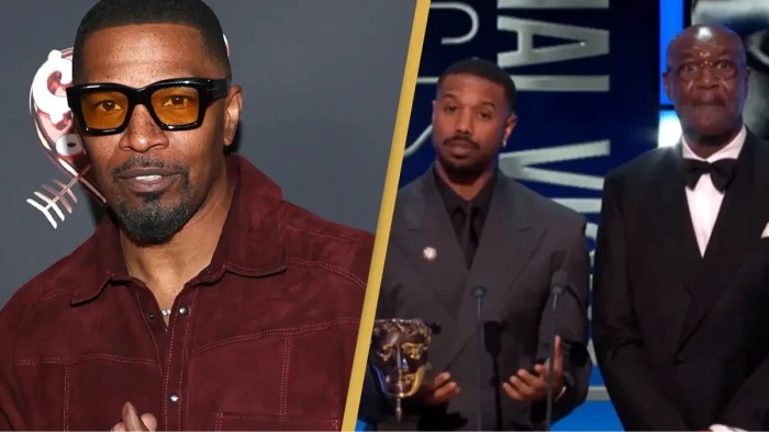 Jamie Foxx speaking publicly, referencing backlash over remarks involving Michael B. Jordan and Delroy Lindo