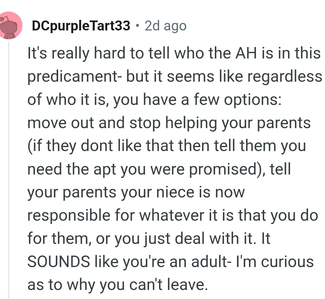 The Niece Should Take Up the OP's Responsibility to His Parents