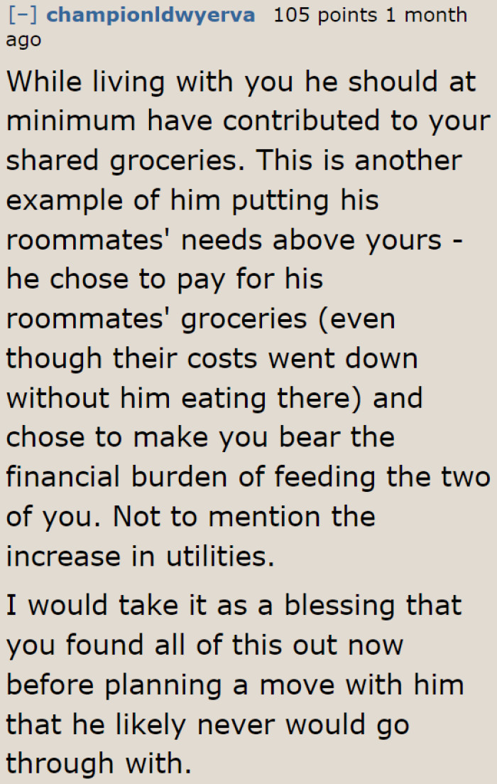 The boyfriend should have made an effort to contribute to her expenses when he stayed with the OP.
