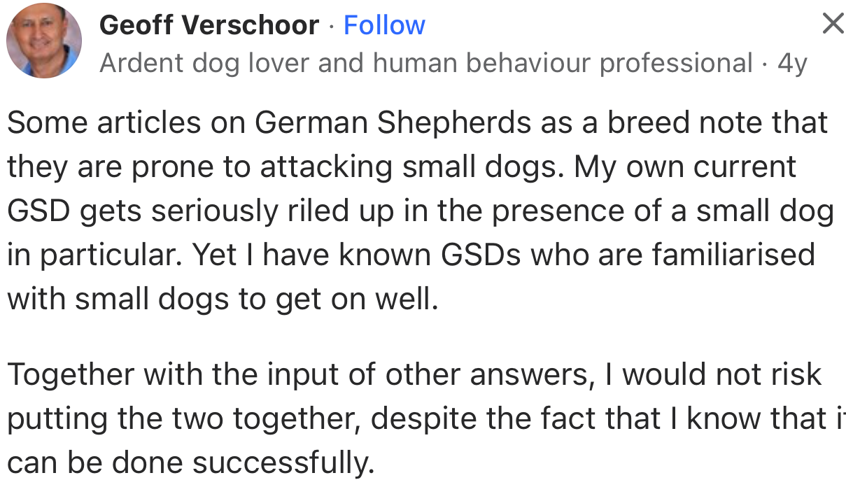 “Some articles on German Shepherds as a breed note that they are prone to attacking small dogs.”