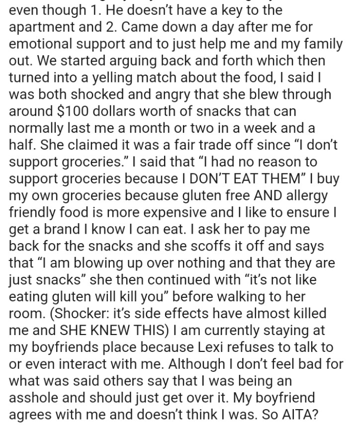 OP is currently staying at her boyfriend's place because her roommate refuses to talk to or even interact with her.