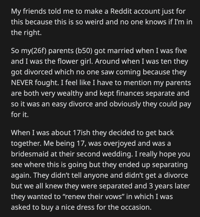 OP said that she can, but that money is earmarked for her future children. She has better things to buy than expensive wedding-appropriate dresses.