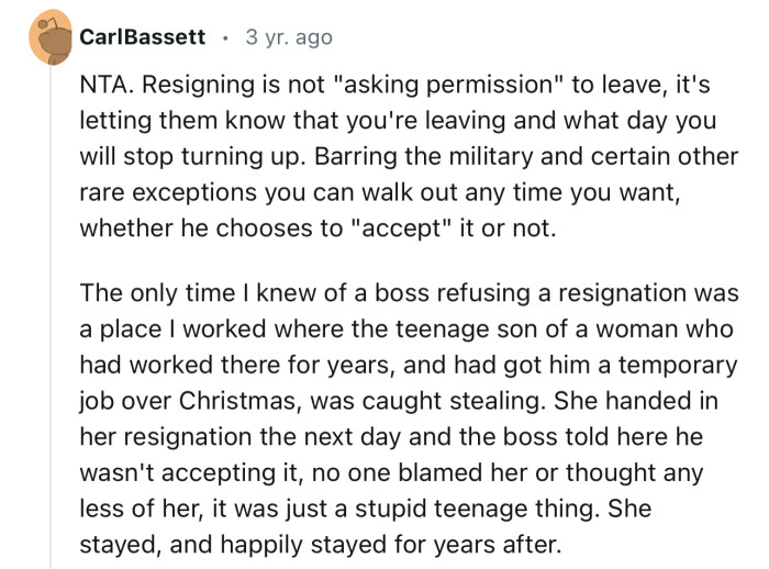 “NTA. Resigning is not ‘asking permission’ to leave; it's letting them know that you're leaving.”
