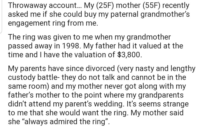 OP inherited a ring from her paternal grandmother some decades ago. Now, her mom wants to buy it off her