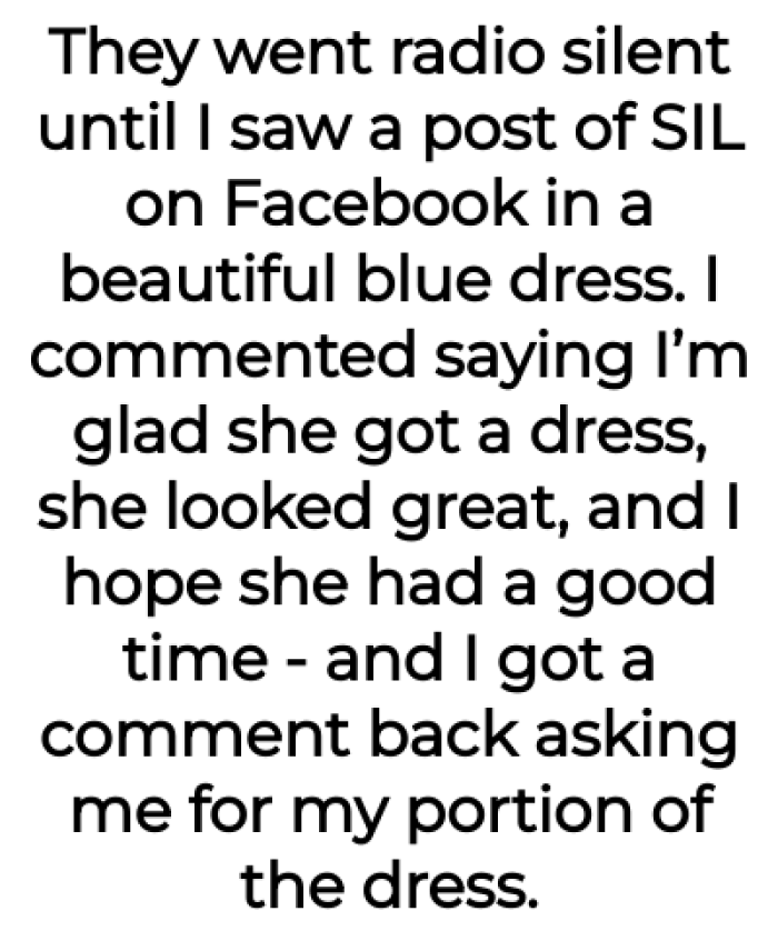 A few days later, the OP saw they bought a lovely blue dress and complimented it: