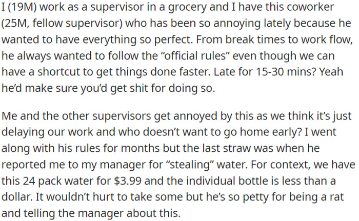 OP is a grocery supervisor frustrated with a coworker who's also a supervisor, and he insists on following every rule to the letter, slowing down work