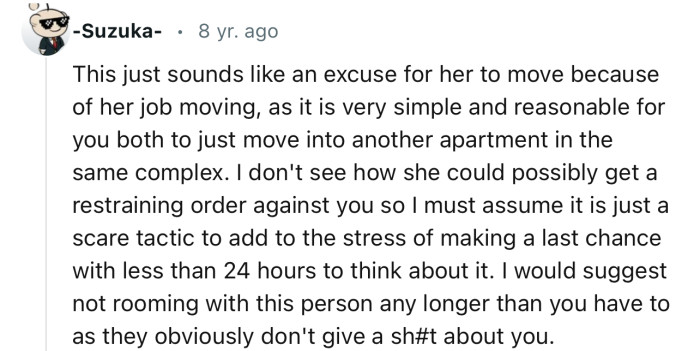'This just sounds like an excuse for her to move because of her job moving.'