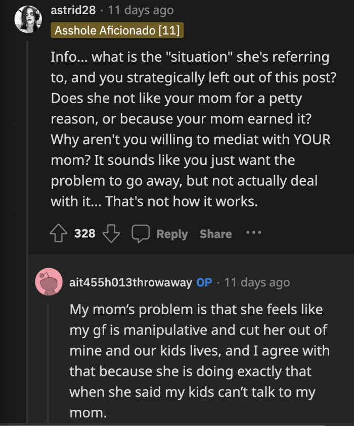 Redditors pointed out that OP glossed over the 'situation' that needed to be resolved and that they couldn't make a judgment without seeing the whole picture.