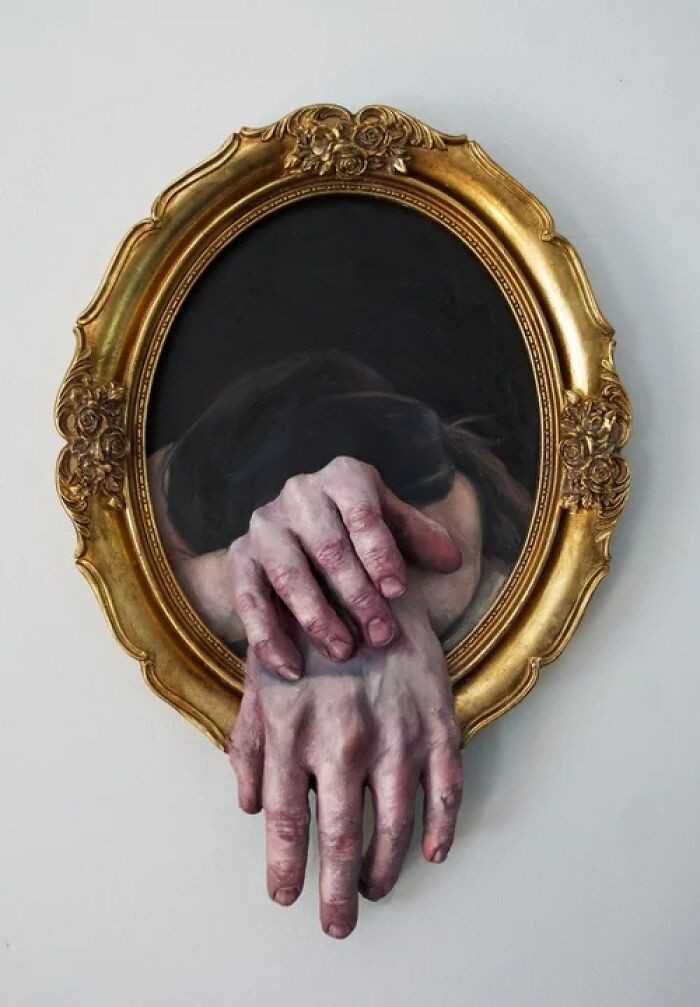 "Oil paint on glass, and clay in vintage frame"