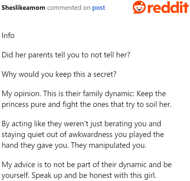 One user points out that the parents keeping their daughter pure might be part of the family dynamic.