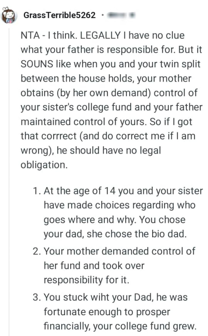 OP's mom obtained control of her sister's college fund