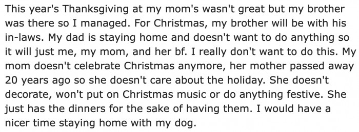 Because Christmas is Unpleasant with Her Mom, the OP Would Rather Spend Time with Her Dog.