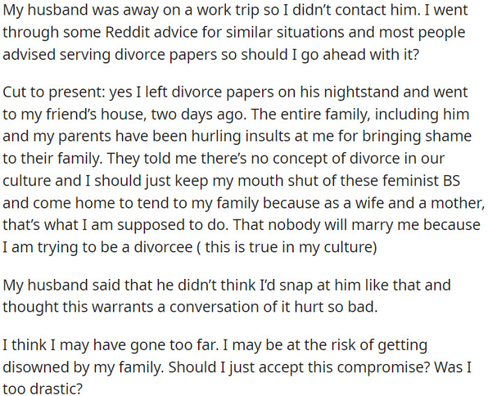 OP left him but faced family backlash for defying cultural norms