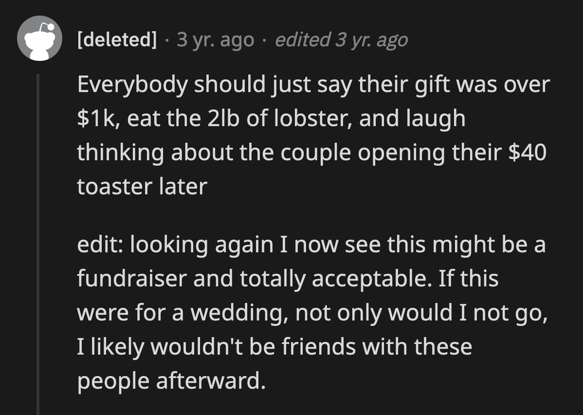 How would they even check if the responses to the RSVP were accurate regarding the prices of the gifts? Are their wedding guests required to bring receipts?