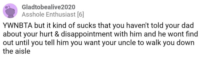 It would be a terrible way for OP's dad to find out she has such hurt feelings about him