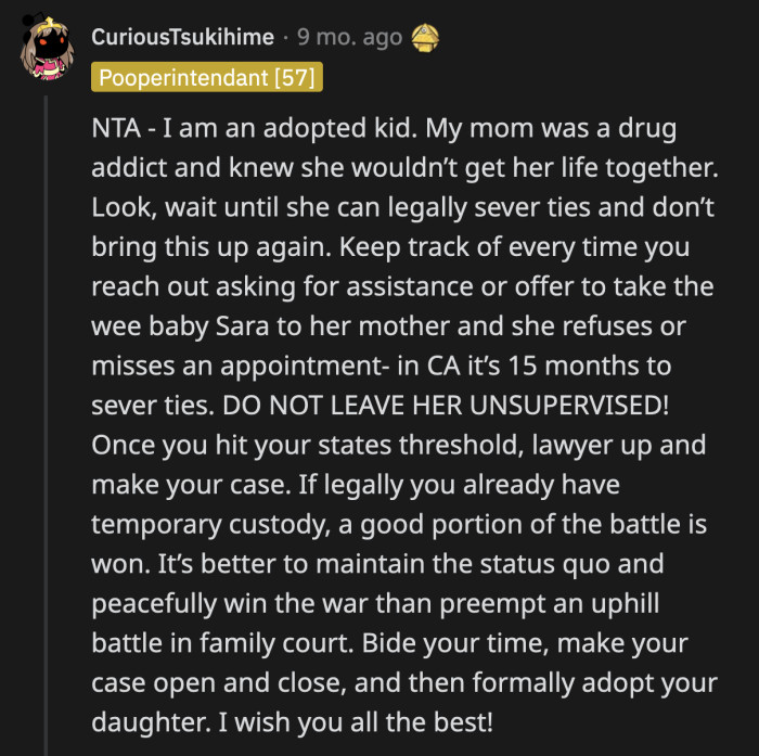 OP is doing what a good parent should — putting the child's well-being above all else, which Jane consistently failed to do.