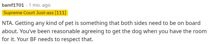 Both people in the house definitely need to be on the same page before getting an animal of any type.