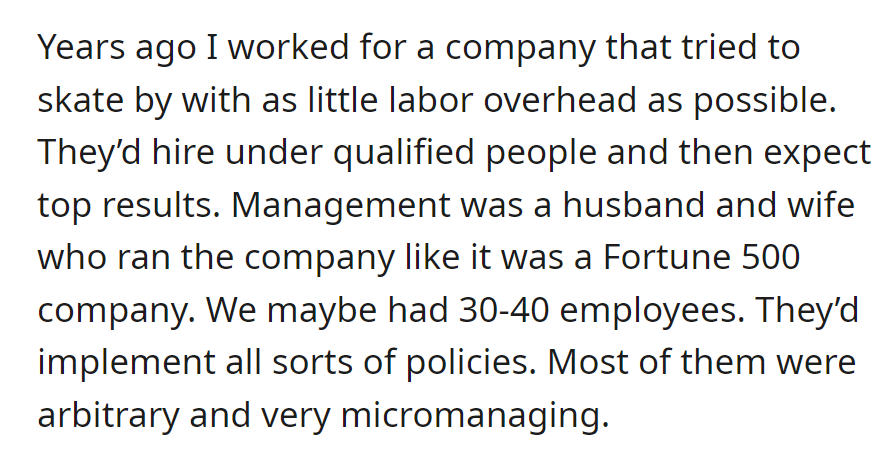 Small company, underqualified hires pressured to excel with minimal labor investment, managed by a couple with micromanaging Fortune 500-style policies.