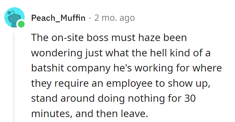 On-site boss puzzled: company's unique skill—turning 30 minutes of nothing into a job requirement. Comedy or chaos, hard to tell!
