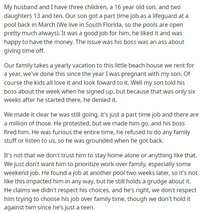 This was the original post by OP where she provided the situation and all the details that people needed to make a verdict.