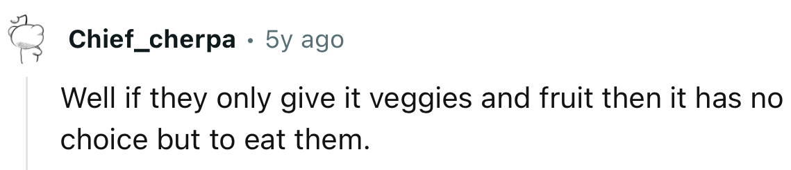 Probably she has been force-feeding her dog veggies. The pup had no choice