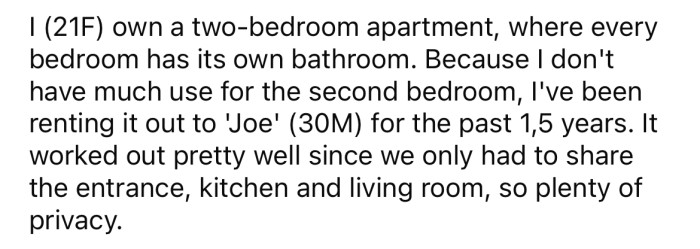 She explained that she has been renting out a bedroom in her apartment to her roommate, 