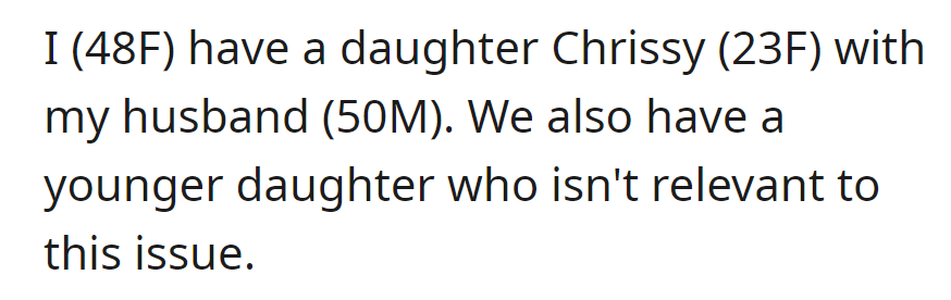 A couple (48F, 50M) has a 23-year-old daughter, Chrissy, and another younger daughter.
