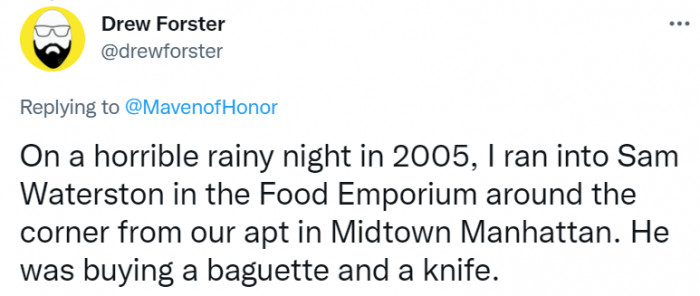 Maybe Sam Waterston didn't want his baguette getting all messy, so he needed the knife in this encounter