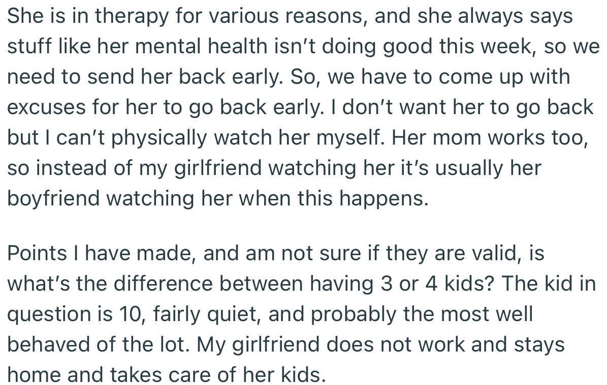 OP isn’t happy that his girlfriend keeps using her “mental health issues” as an excuse not to watch his kid