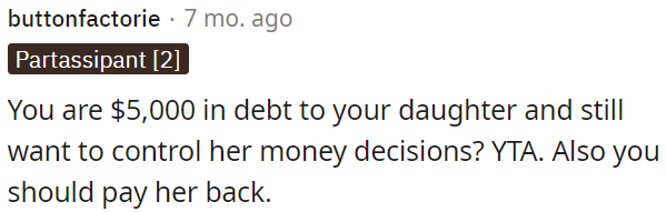 OP should repay her ASAP.