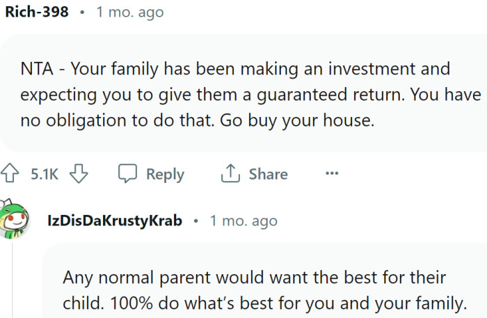 OP should do what is best for their family, not worry about giving their parents a guaranteed return on investment
