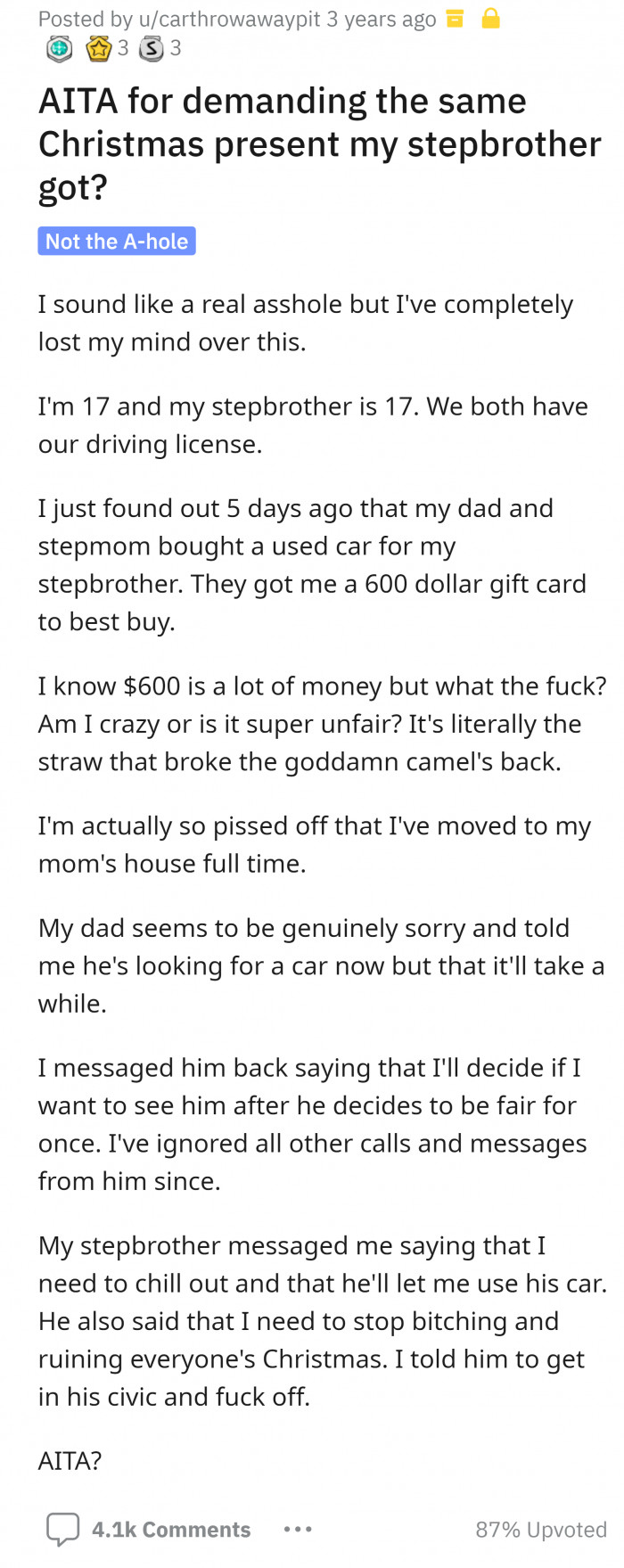 OP expressed his disappointment and how he felt the unfair treatment between him and his stepbrother.