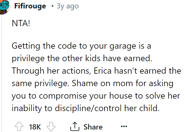 The OP is right because Erica hasn't earned her trust.