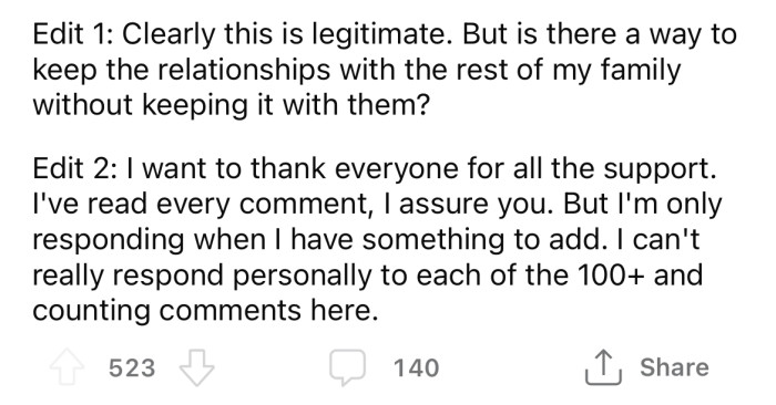 In a later edit, the OP thanked the Reddit community for their support.